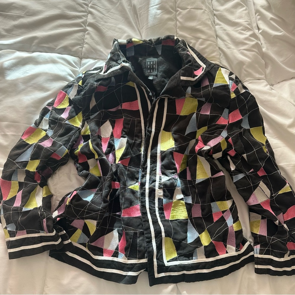 Due Per Due Womans Blazer Top Multicolor 14 Geometric Long Sleeve Open Linen